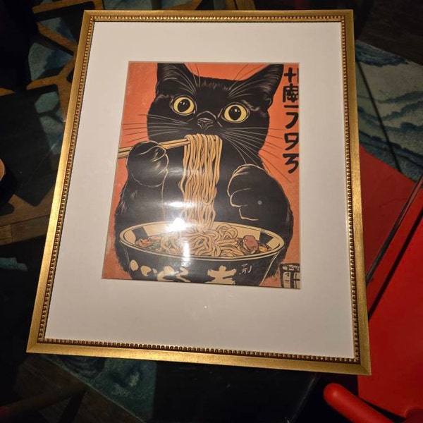 Vintage Japanese Cat Wall Art - Funny Black Cat Eating Ramen Canvas Prints Set Of 2