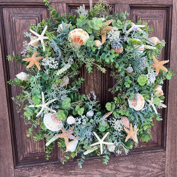 Coastal Wreath for Front Door With Starfish, Beach Wreath With Starfish ...
