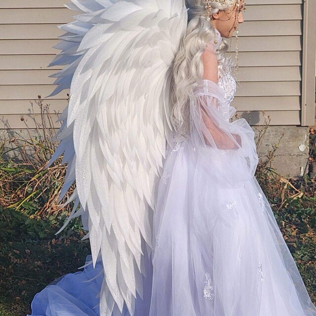 Treatürself angel wings long dress White Аngel Wings Costume White Large Cosplay Adult Carnival