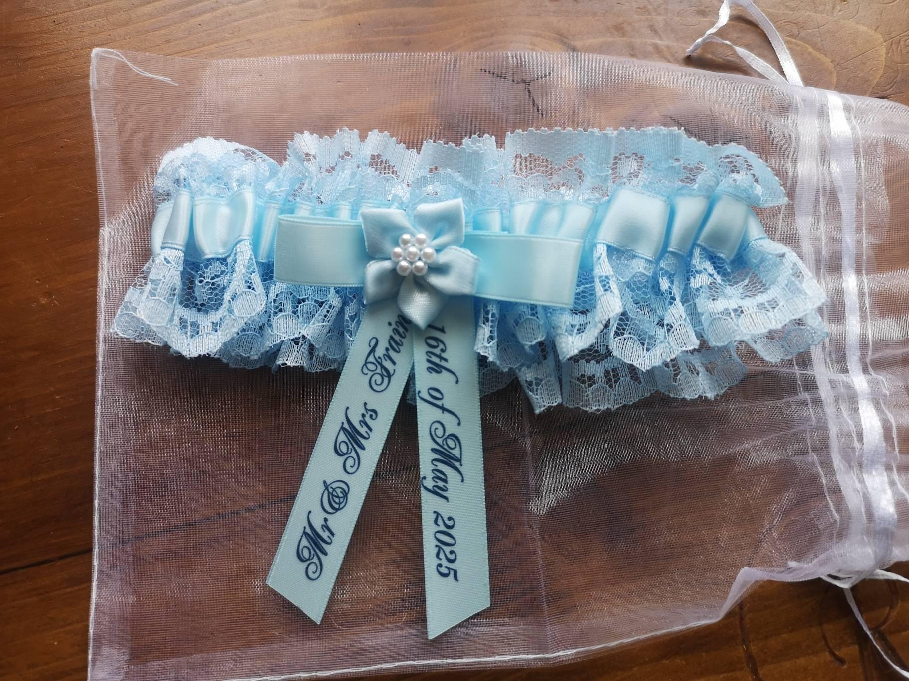 Personalised Blue Wedding Garter Handmade to order with name and wedding date - Excellent Gift for the Bride Something Blue