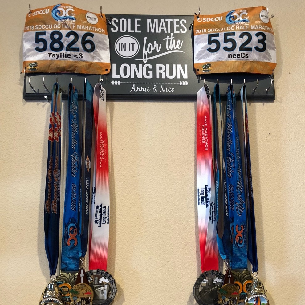 Couples Race Bib Medal Holder - Sole Mates Race MEDAL Bib Display - CUSTOMIZE Name Gift Idea Perfect Couples who Run