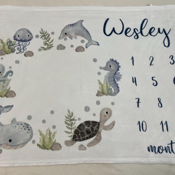 Baby Boy Ocean Milestone Blanket, Under the Sea Baby Name Blanket ...