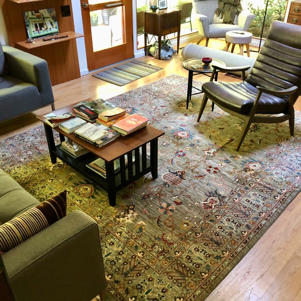 12x15 Bird Gray Area Rug, Large Hand Knotted Natural Dye Wool Oriental