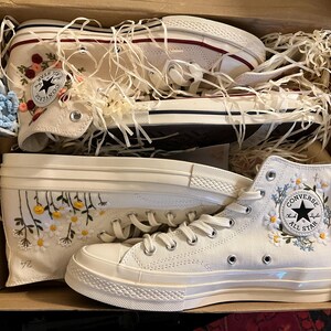 Custom Embroidered Wedding Sneakers, White Flower Embroidered