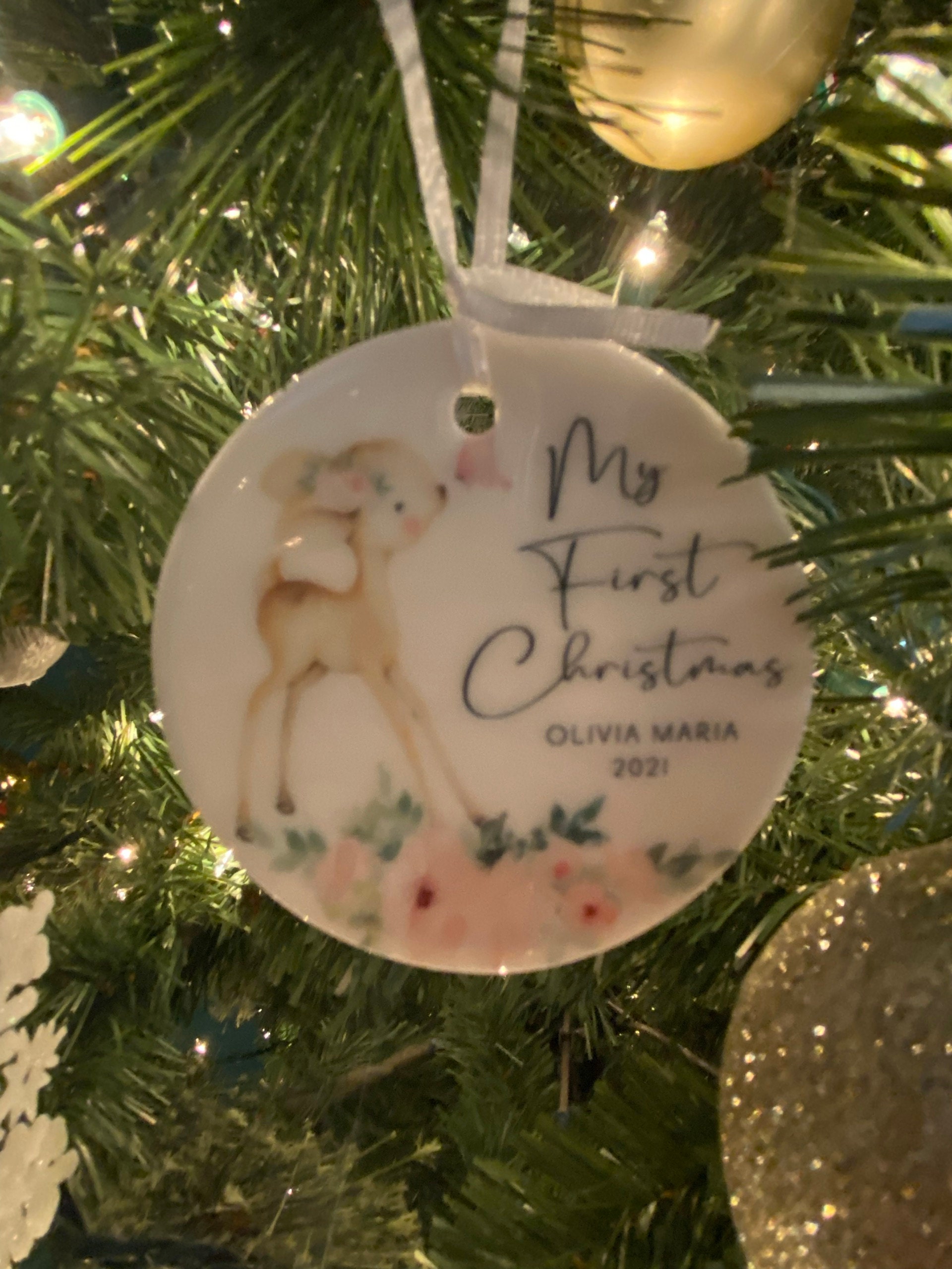 Baby&#39;s First Christmas Ornament - Personalized Baby Girl Deer Christmas Ornament