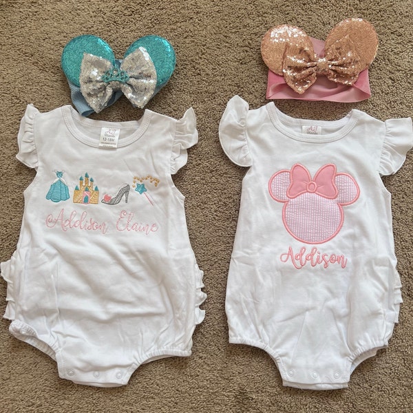 Disney Ruffle Romper, Baby Disney Outfit, Embroidered Pink Seersucker ...