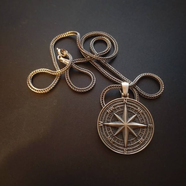 Silver Engravable Compass Sterling Silver Engraved Compass Necklace, North Star Pendant, Unisex ...