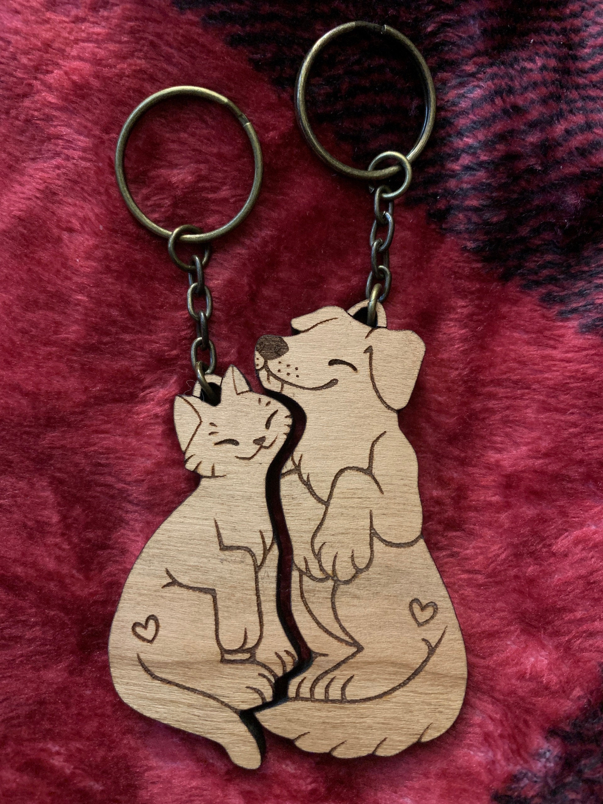 Dog and Cat Couple Keychains - Friendship or Relationship matching wooden keychain set