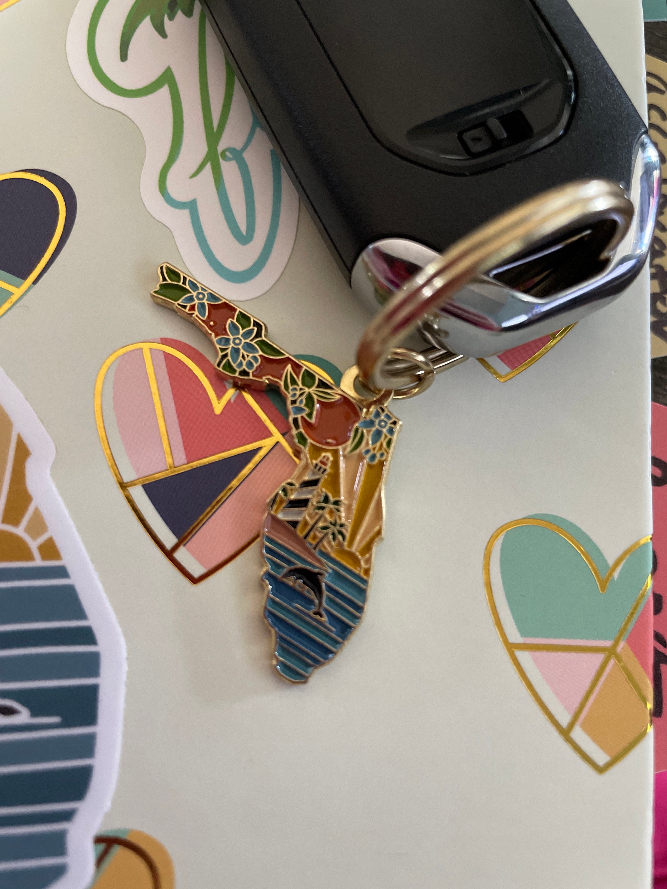 Florida Gold Enamel Keychain | Florida Outline Key Ring | Soft Enamel Illustrated State Keychain 1.5&quot;