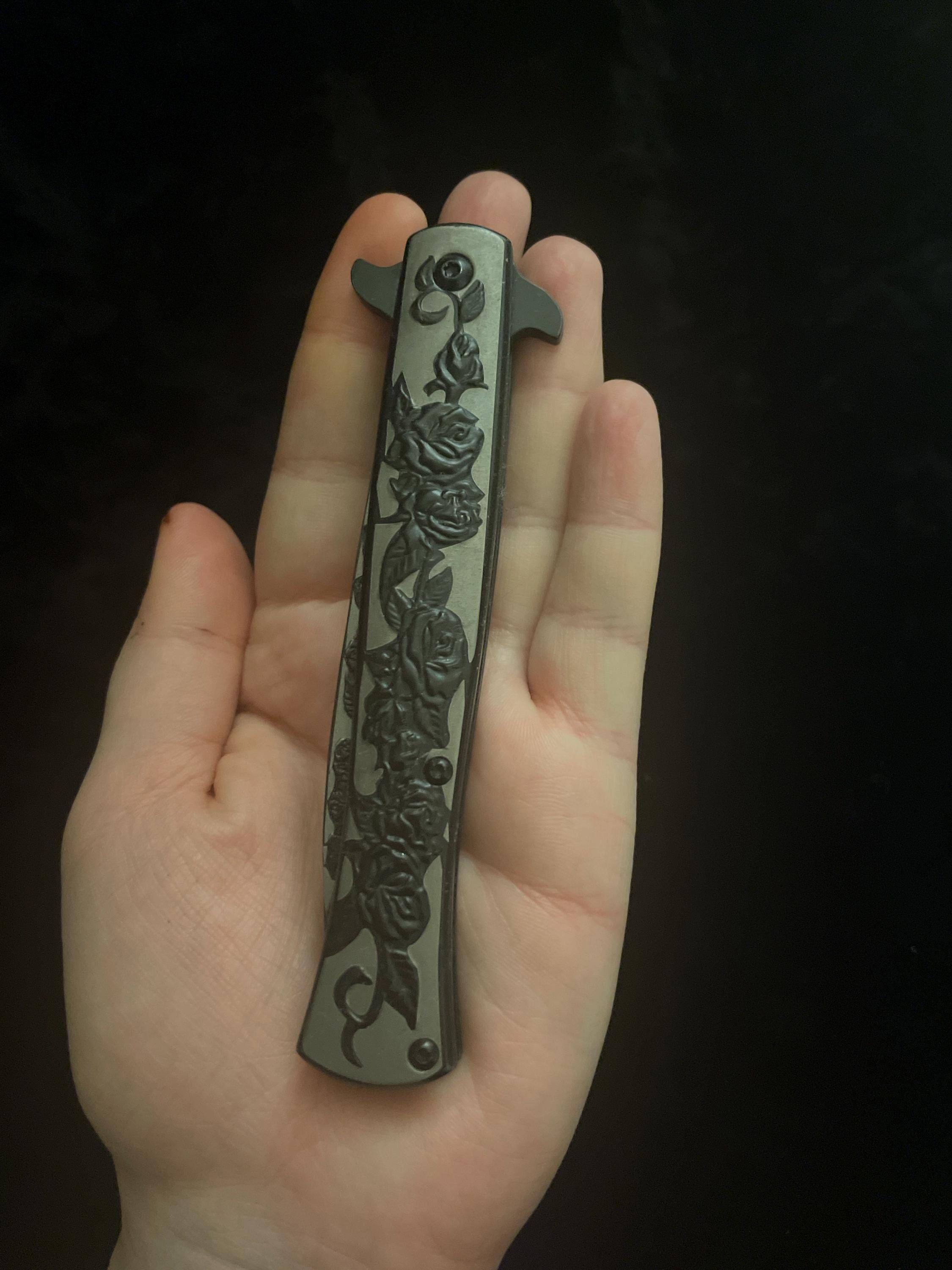 9” Black Rose Engraved Cute Spring Assisted Open Blade Folding Pocket Knife. Hunting, Camping, Cute Knife. Cool Knife.