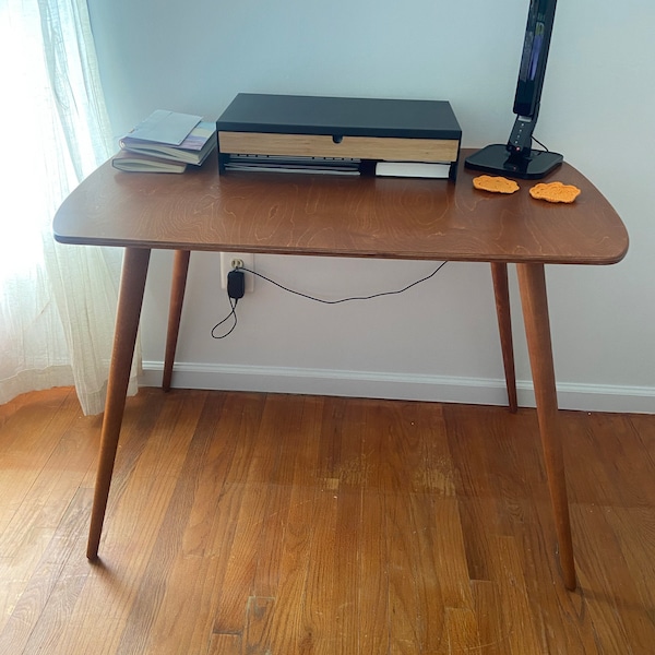 Rounded Oval Office Desk Table, Minimalist Walnut Wood Home Desk, Small ...