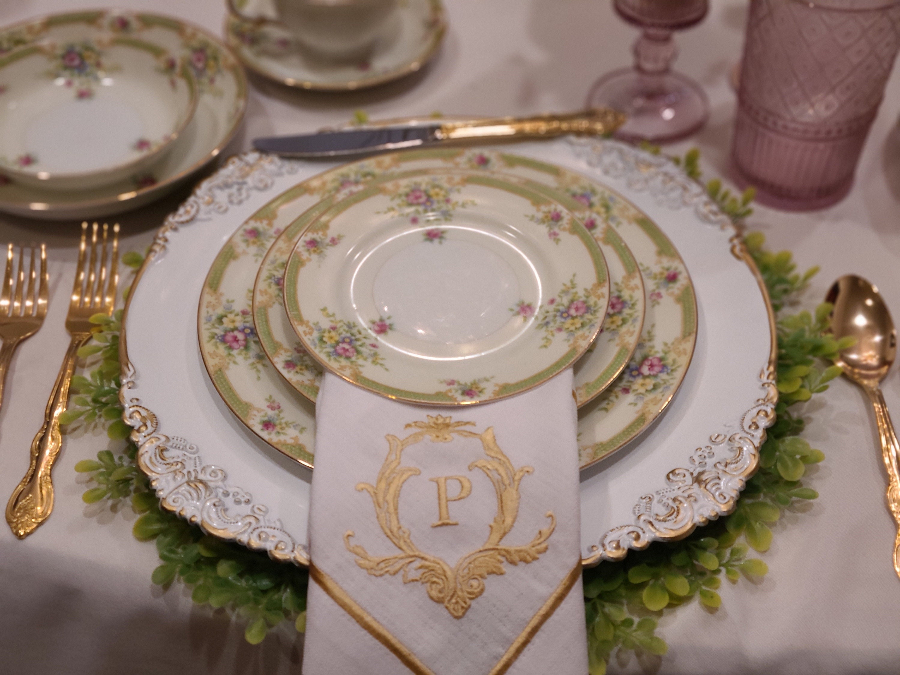 Personalized Embroidered Elegant Table Linen; Antique Rococo Monogram Embroidered Napkins, Placemats, Runner; Dinner and Wedding Table Decor