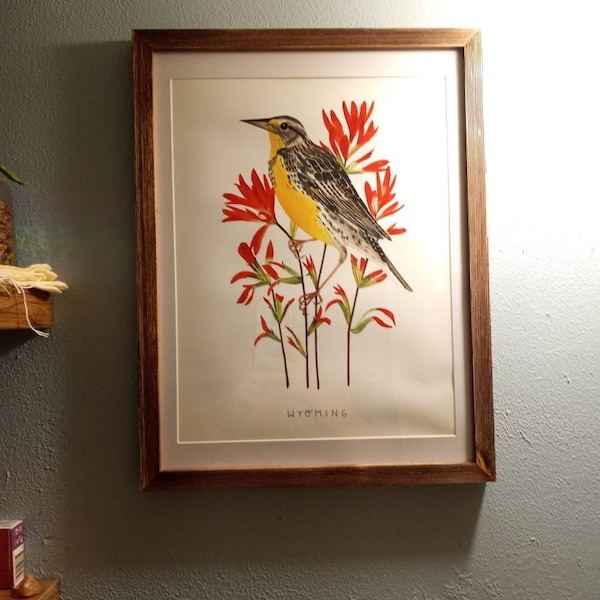 Wyoming State Bird Watercolor Art Print Meadowlark and Indian