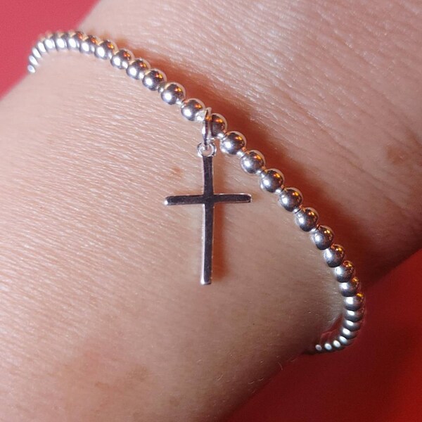 925 Sterling Silver Diamond Cut Beads Bracelet With Rosary & Cross Charms – 7.5 Inch