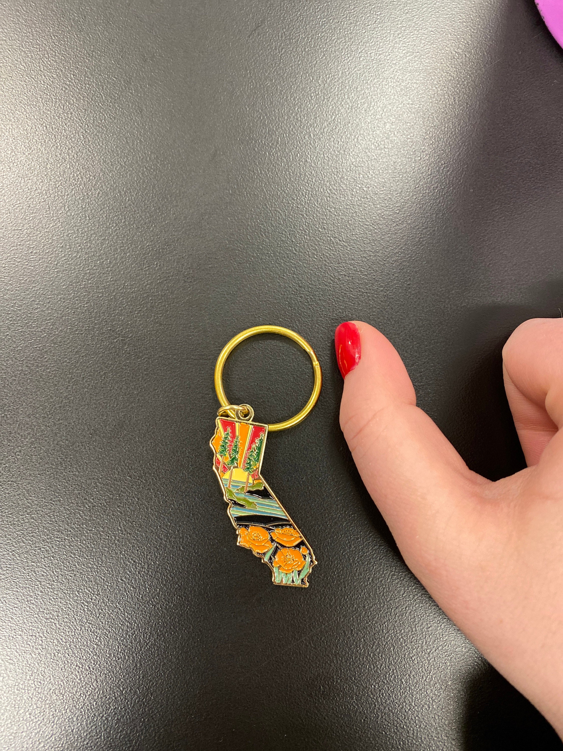 California Poppy Soft Enamel Keychain 1.5&quot; | California Outline Key Ring | Illustrated State Keychain