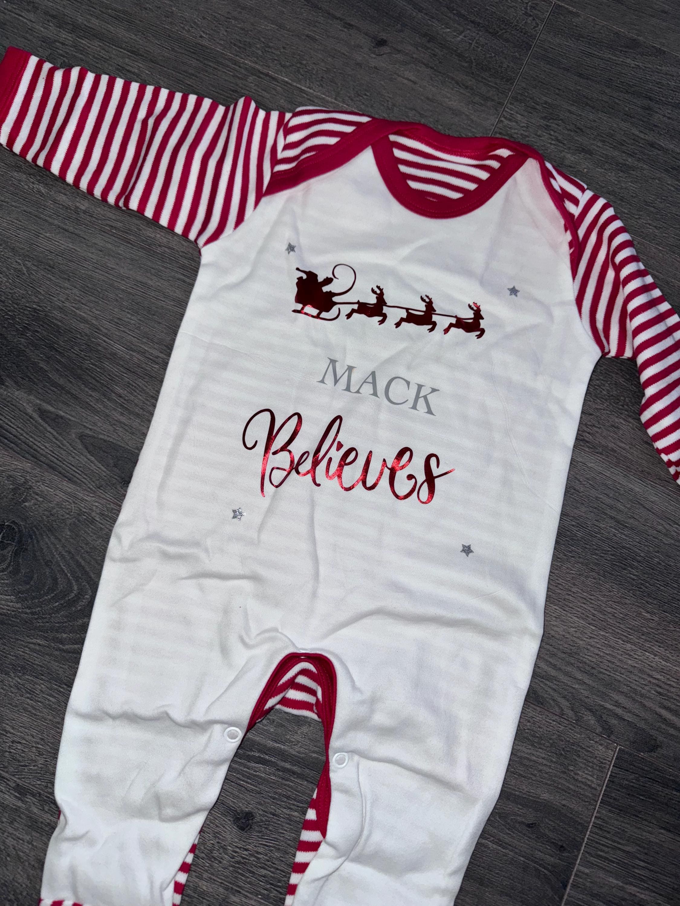Personalised matching family Christmas pyjamas. Girls, boys, mum, dad and baby, believe candy cane reindeer pjs