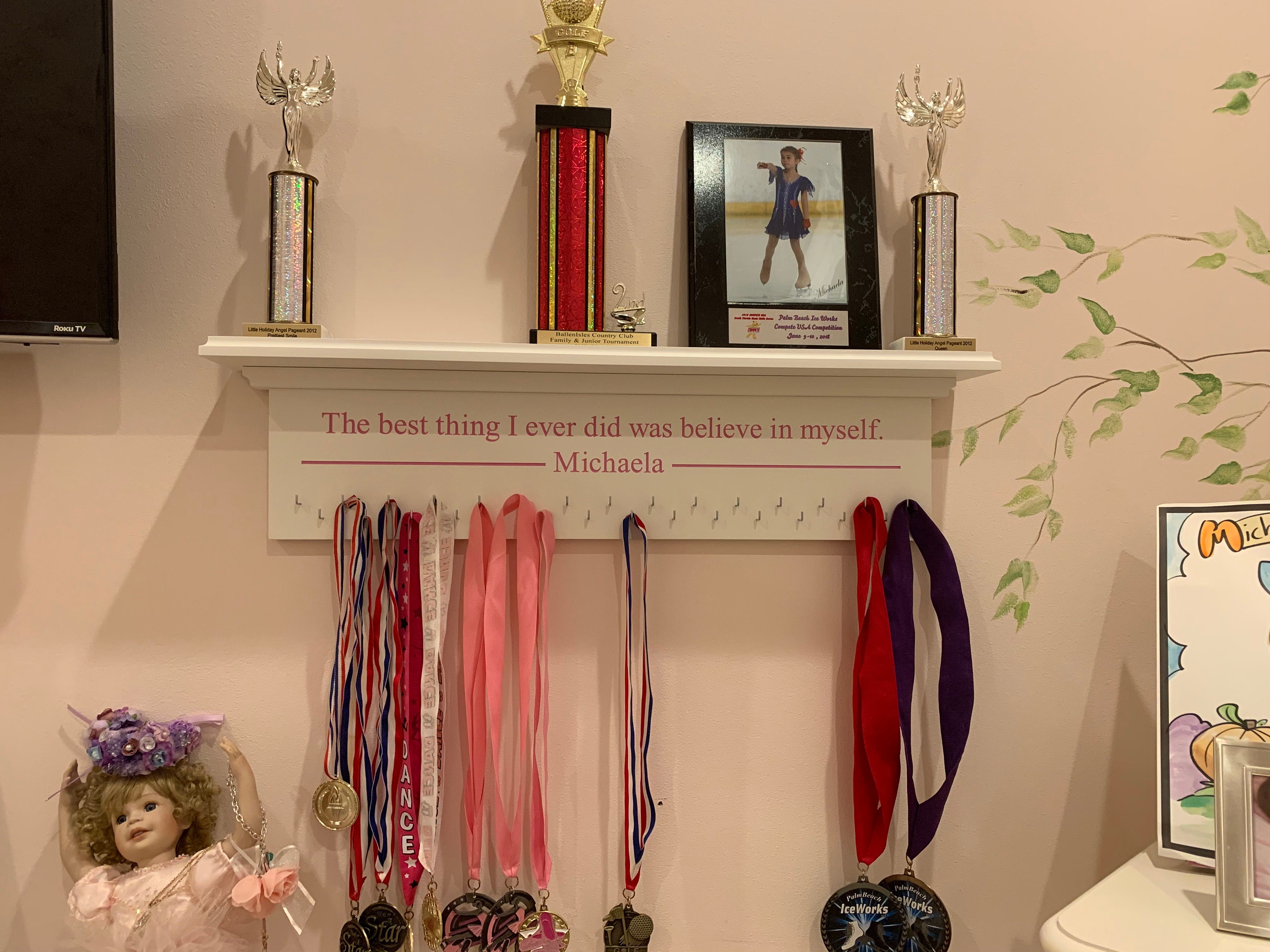 Medal Holder Champions Engraved Trophy Shelf Ribbon Holder Medal Hanger Award Display Personalized gift Trophy Rack Sports Award Display 30"