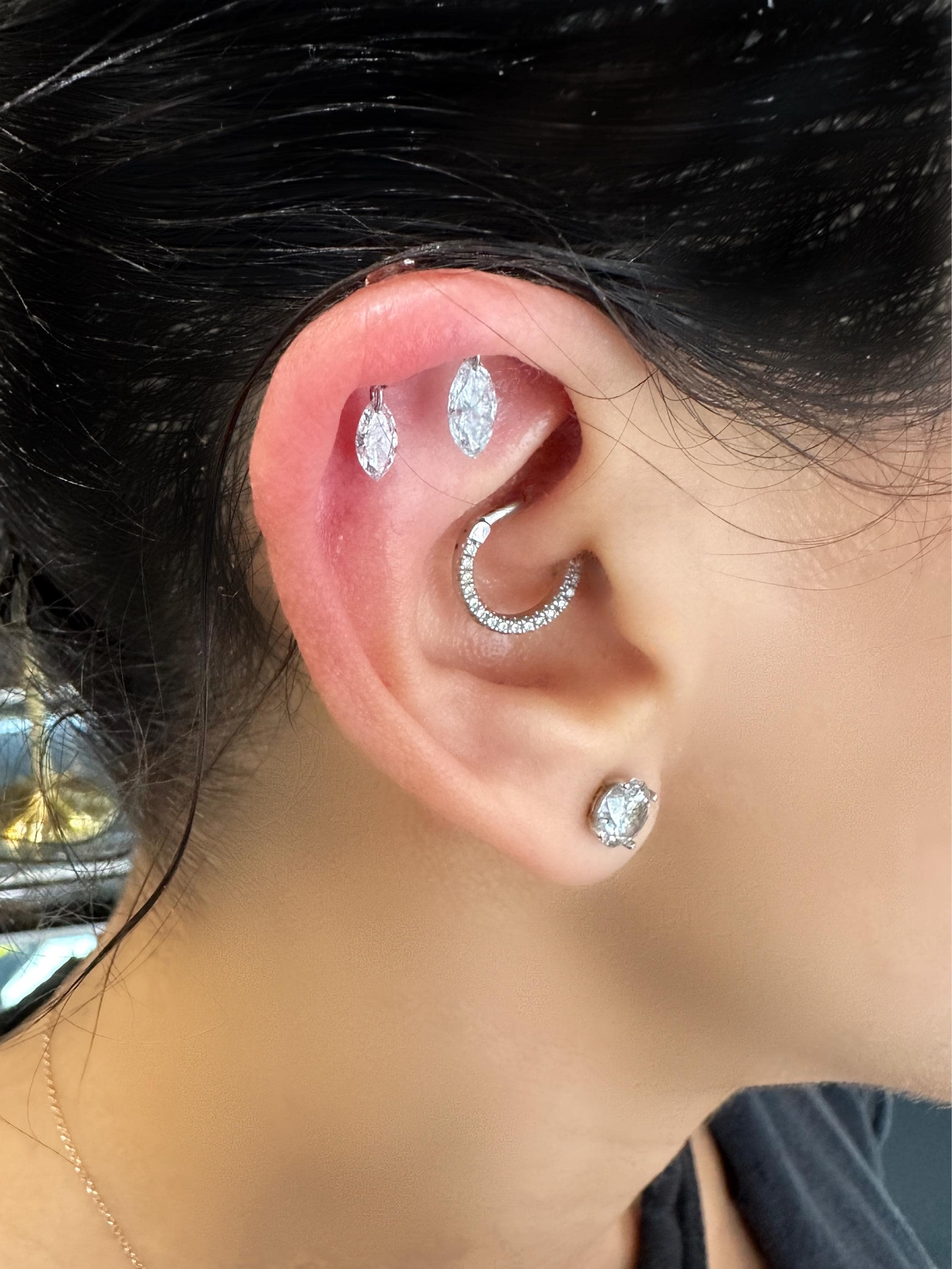 Double Floating Marquise Lab Diamond Stud Earring, Hidden Helix Piercing, 16g Threaded Flatback Stud, 14k 18k Solid Gold Jewelry