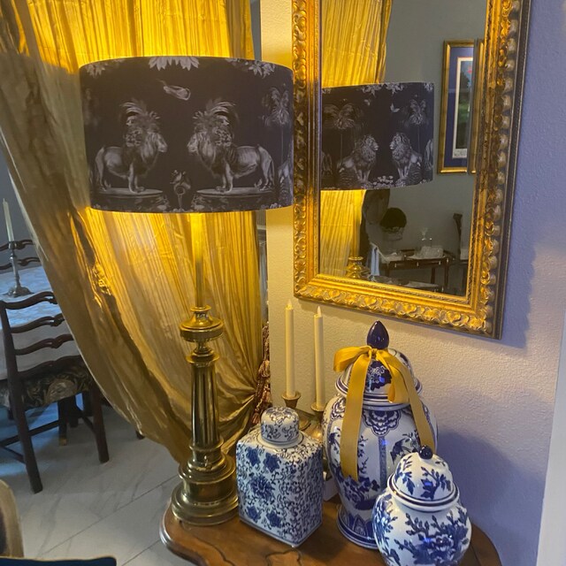 Navy Blue Lampshade Tropical Lion Fabric Lamp Shade Gold 