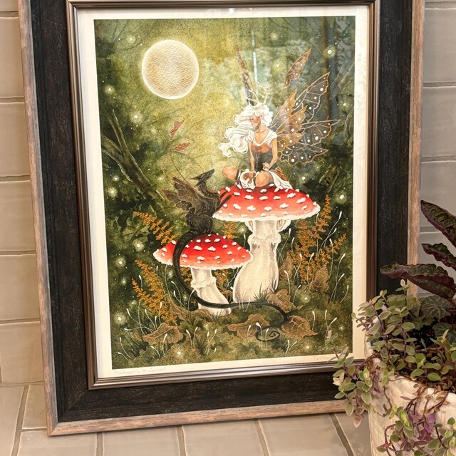 妖精アートの水彩画プリント - 秋のキノコ - ファンタジーアート