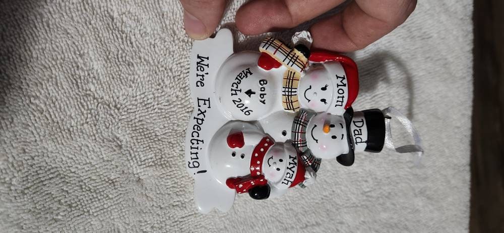 Personalized Christmas Ornament Pregnant Snowman Couple with One Child and dog or cat - Expecting Family, Baby makes us four