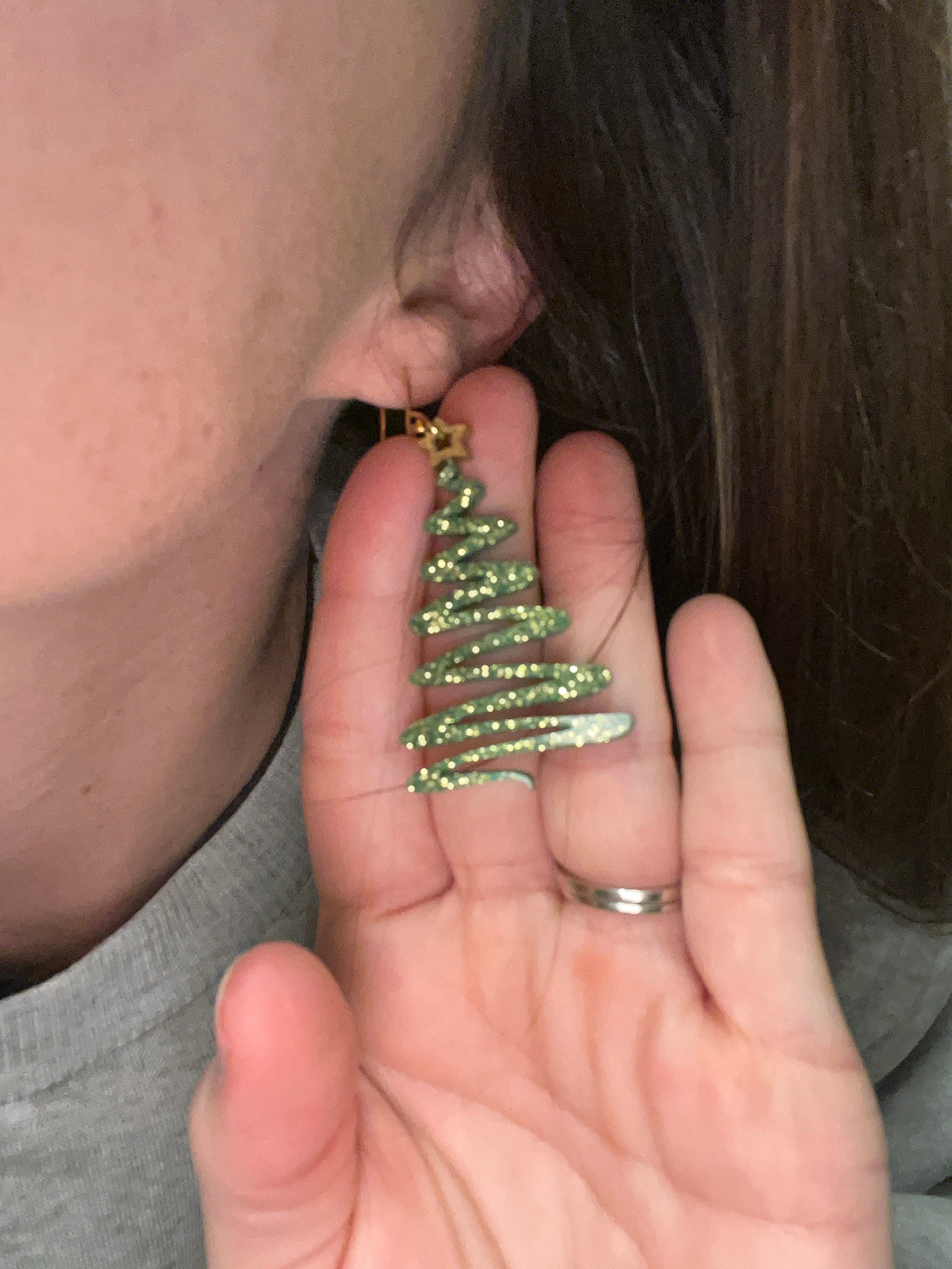 Glitter Christmas Tree Earring with Gold Star, Festive Earrings, Squiggly Christmas Tree, Quirky Holiday Jewelry, Secret Santa Gift