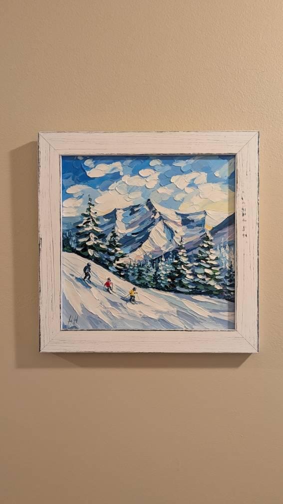 Buyer photo of Snowy Mountains Oil Painting, Impasto Winter Landscape, Ski Resort Decor, Tex...