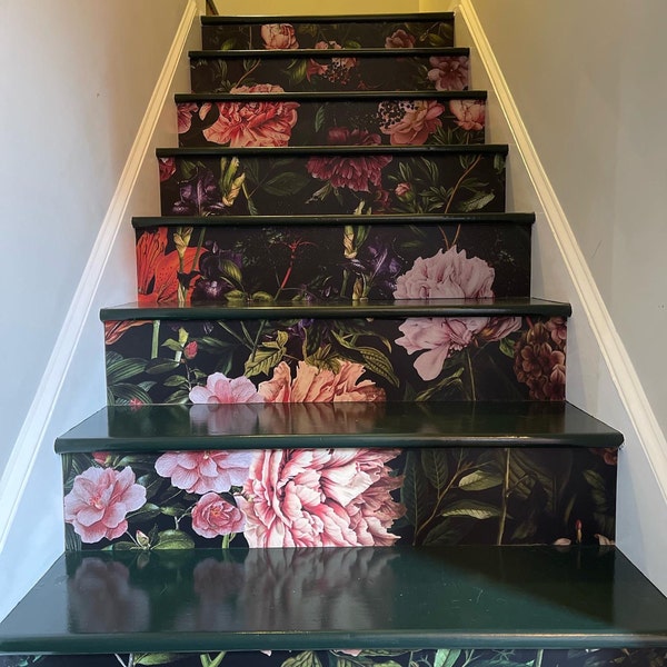 Floral Removable Stair Riser Decals, Peony on Black Background Sticker