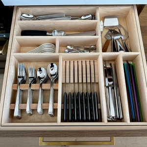 Custom Kitchen Drawer Organizer with individual cut outs for utensils and knives - Custom Made from Solid Maple or Walnut