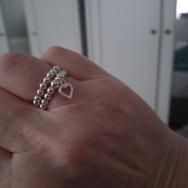 Sterling Silver Beaded Stretch Ring With Mini Heart Charm, Mixed Metal Ring, Stacking Ring,handmade