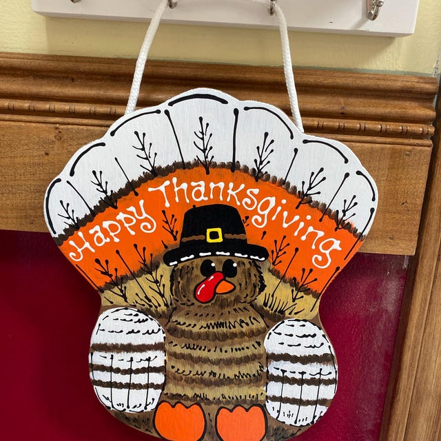 Cartello In Legno Happy Thanksgiving Con Tacchino – Decorazione Porta Fattoria Per Autunno