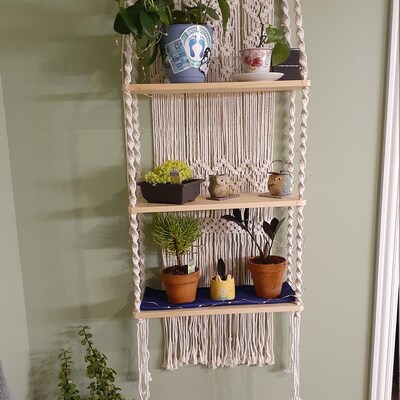 Green Boho Macrame Shelves Wall Hanging with Leaves main image 1