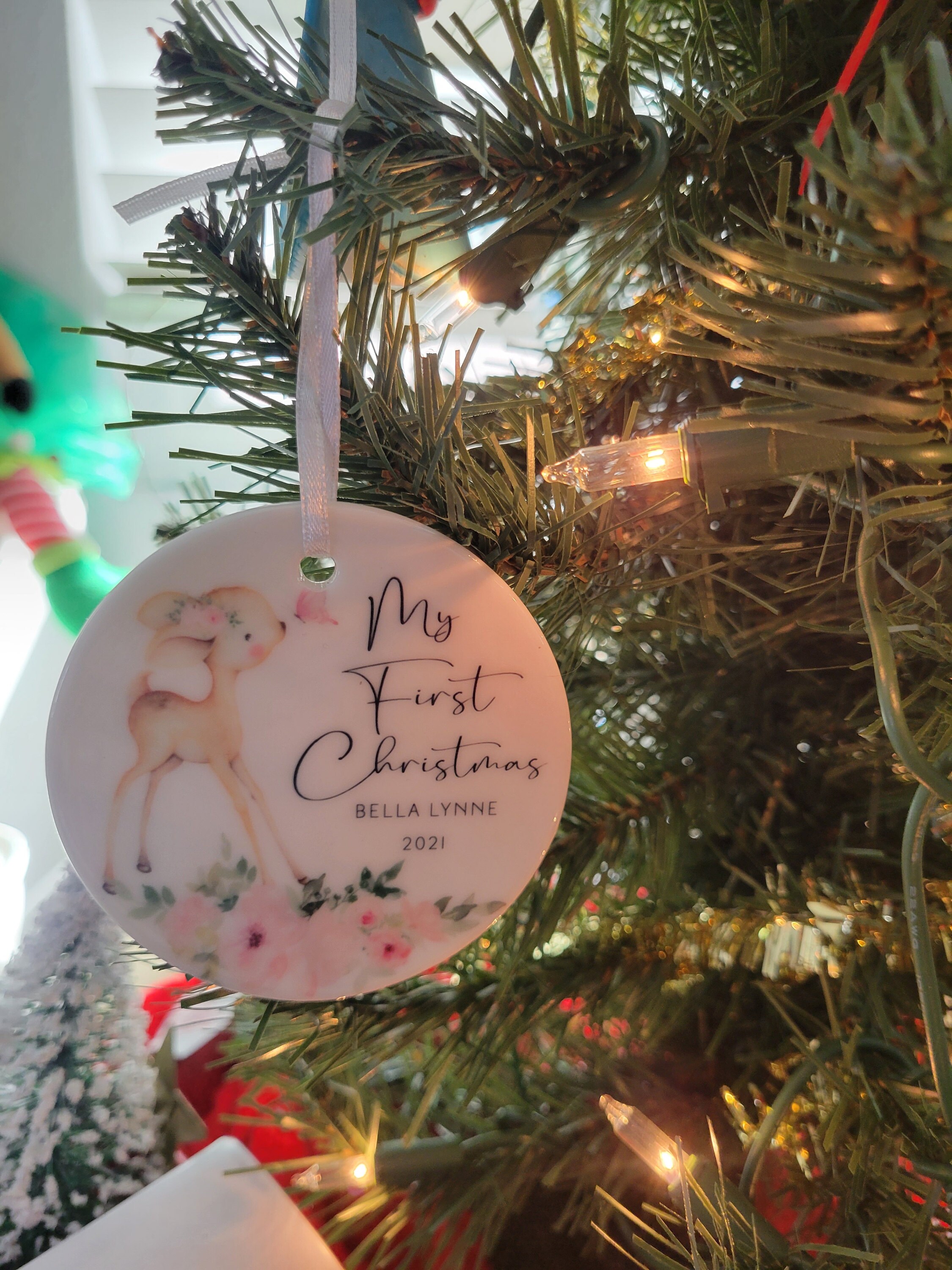 Baby&#39;s First Christmas Ornament - Personalized Baby Girl Deer Christmas Ornament