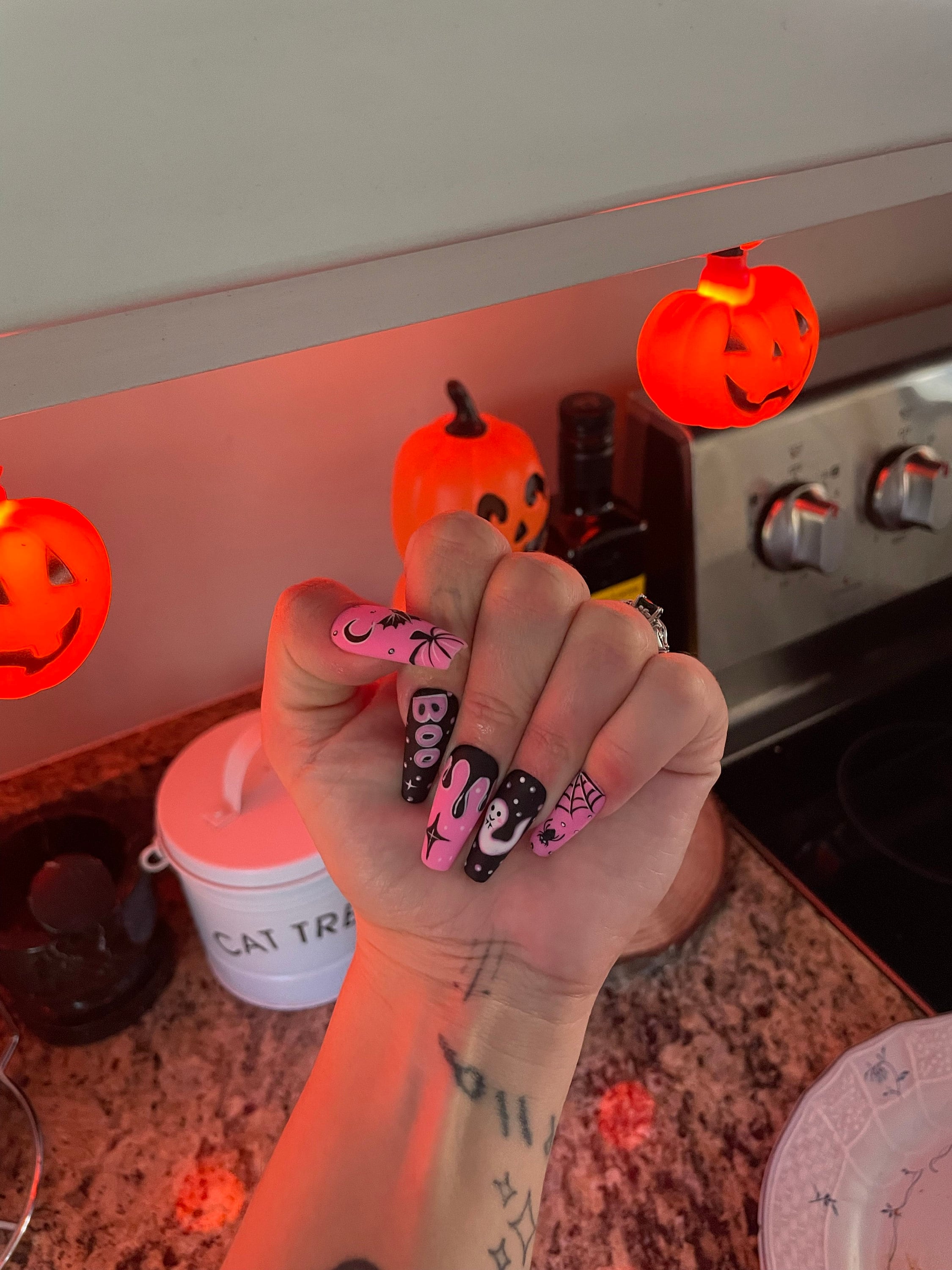 Midnight Magic Fake Nails | Black Pink Halloween Special Press On Nails Stiletto | Hand-made Glue On Nails | Luxury Fake Nails HA4