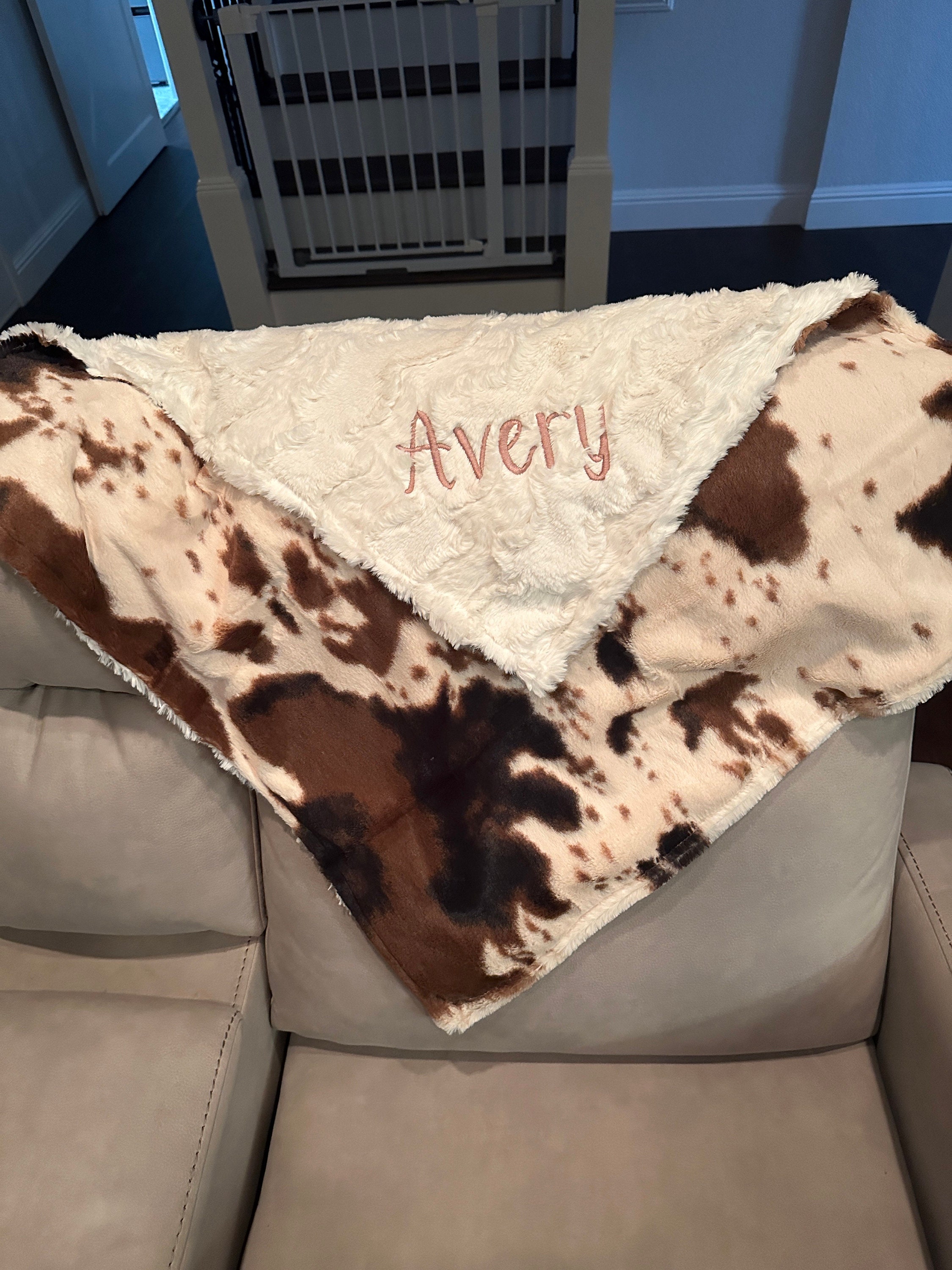 ❤️Buy 2 FREE SHIPPING❤️Personalized Western Baby Blanket, Brown Pony and Ivory Hide Minky Baby Blanket, Newborn Girl or Newborn Boy, Baby Shower Gift, Neutral Home