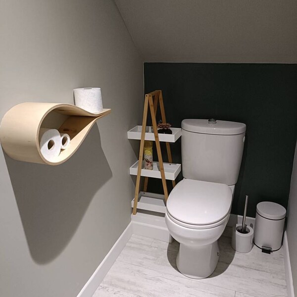 Cloud Wooden Wall Mounted Toilet Roll Holder – Floating Shelf Organizer With Wave Design, Grey Finish