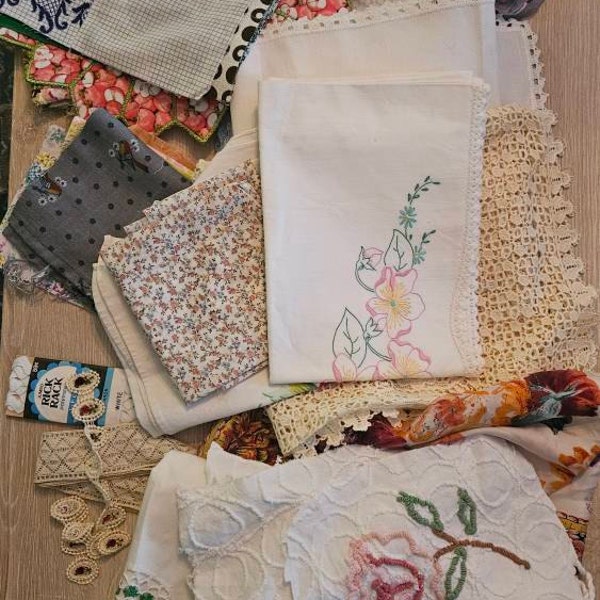 30 Pc Vintage Linen Lace Trim Mystery Lot Cutter Slow Stitch Fabric