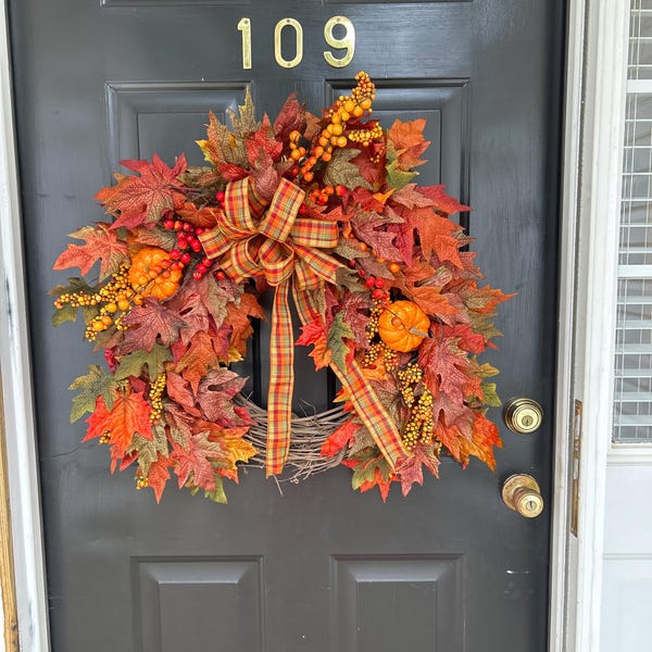 Fall Maple Leaves Wreath With Pumpkins, Front Door Wreath for Autumn ...