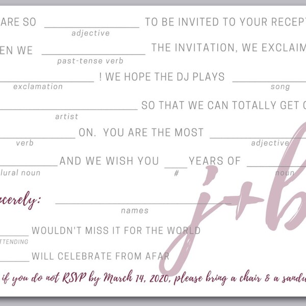 Printable Mad Libs Wedding RSVP Postcard / Fill in the Blank / Funny ...