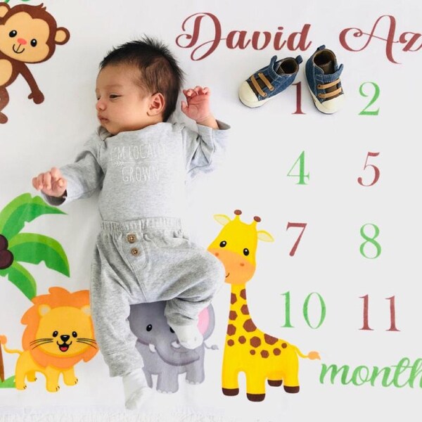 Milestone Blanket Boy Safari Animals Baby Blanket Jungle Monthly Growth ...