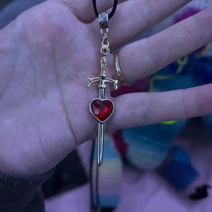 Blood Red Rhinestone Heart Sword Necklace, Heartbreak Dagger, Love