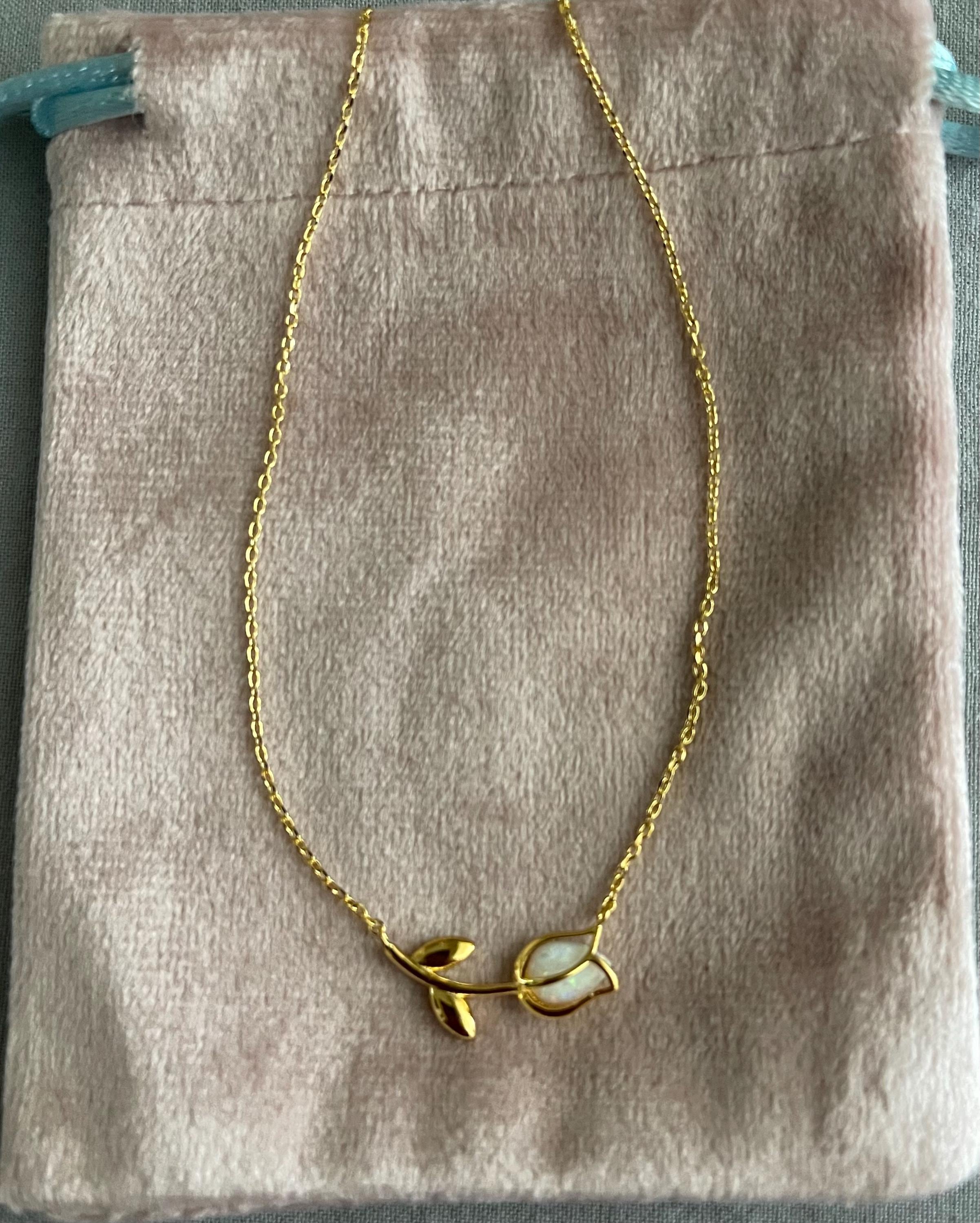 Dainty Encased Opal Tulip Wrap Necklace, Aesthetic, Simple, Gold, Silver Elegant, Minimal Jewelry, bridesmaid, Delicate, Layering Her Gift