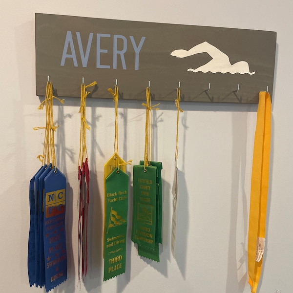 Personalized Swim Ribbon Holder Award Display With Hooks/clips - Etsy