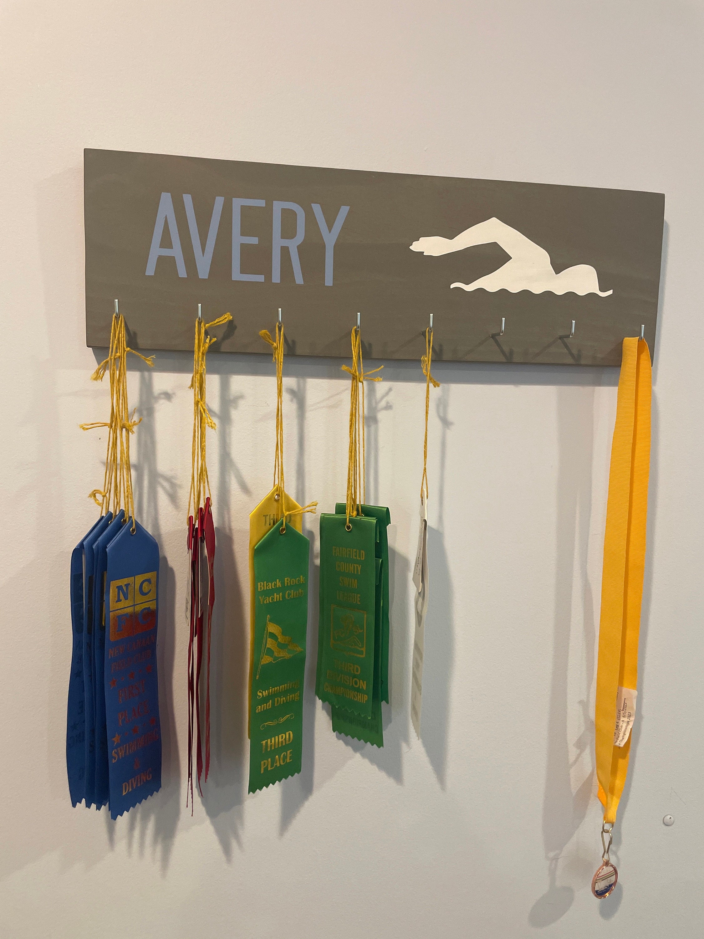 Personalized Swim Ribbon Holder Award Display with Hooks/Clips