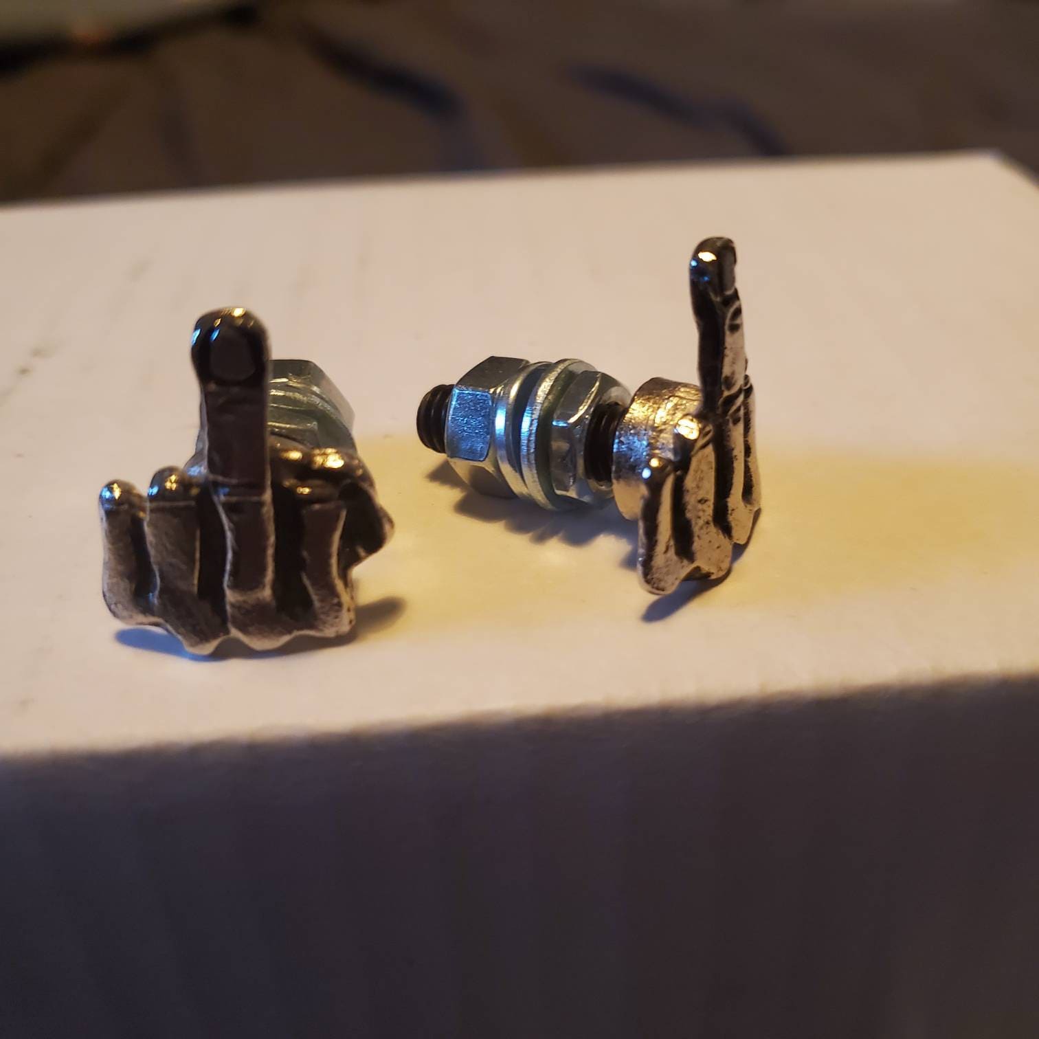2 metal License plate custom bolts,middle finger,flip off,screw,windshield screw,biker gift,motorcycle,chopper,badass,bobber,motorbike,bike