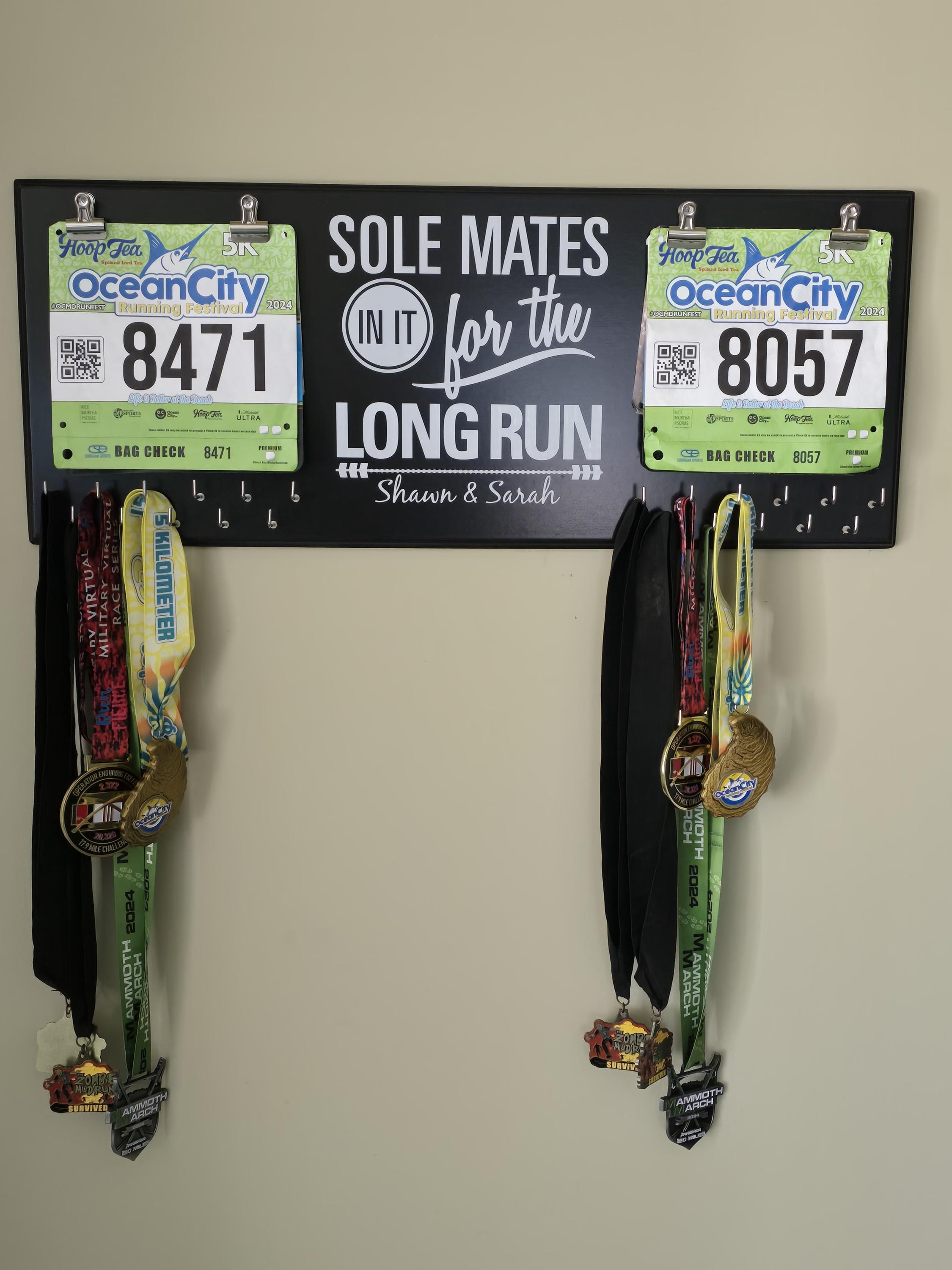 Couples Race Bib Medal Holder - Sole Mates Race MEDAL Bib Display - CUSTOMIZE Name Gift Idea Perfect Couples who Run