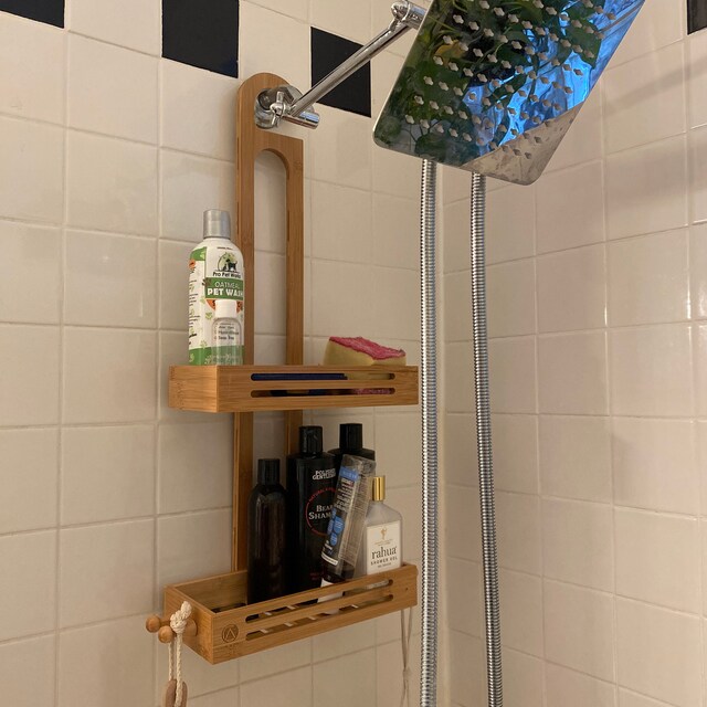 Bamboo Hanging Shower Caddy Rustproof Natural Bamboo 2 Level Storage  Organizer Waterproof & Anti Stain Over the Shower Head 27 X11 X 5 