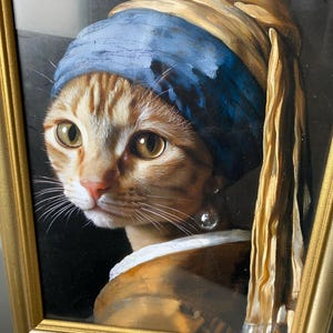 絵画 猫 アクリル画 洋画 アンティーク フェルメール パロディ オマージュ 絵画 猫 猫の絵 ミニアート フェルメール オマージュ パロディ