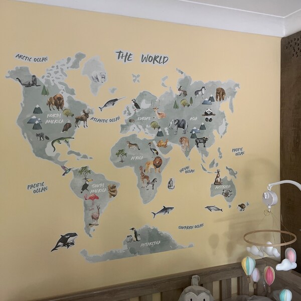 Animal World Map Wall Sticker | Kids World Map Decal | World Map Wall ...