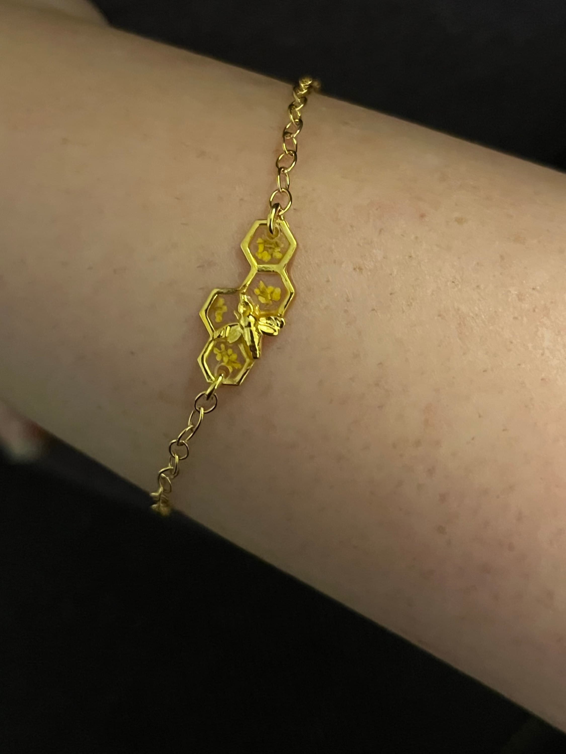 Sterling silver bee bracelet with yellow flowers, honeycomb bumble bee bracelet for women with angelite charm, birthday gifts for her